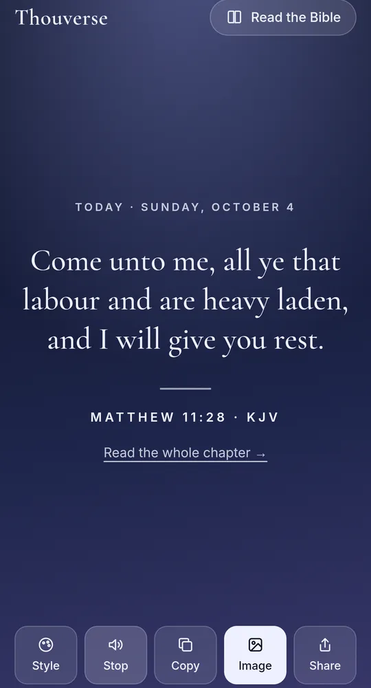 Thouverse app showing today's verse, Matthew 11:28